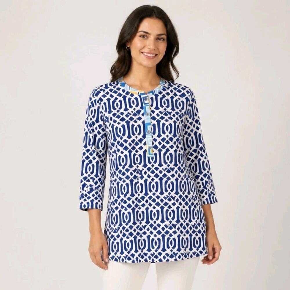 J. McLaughlin Blue Geometric Print Tunic Top Large